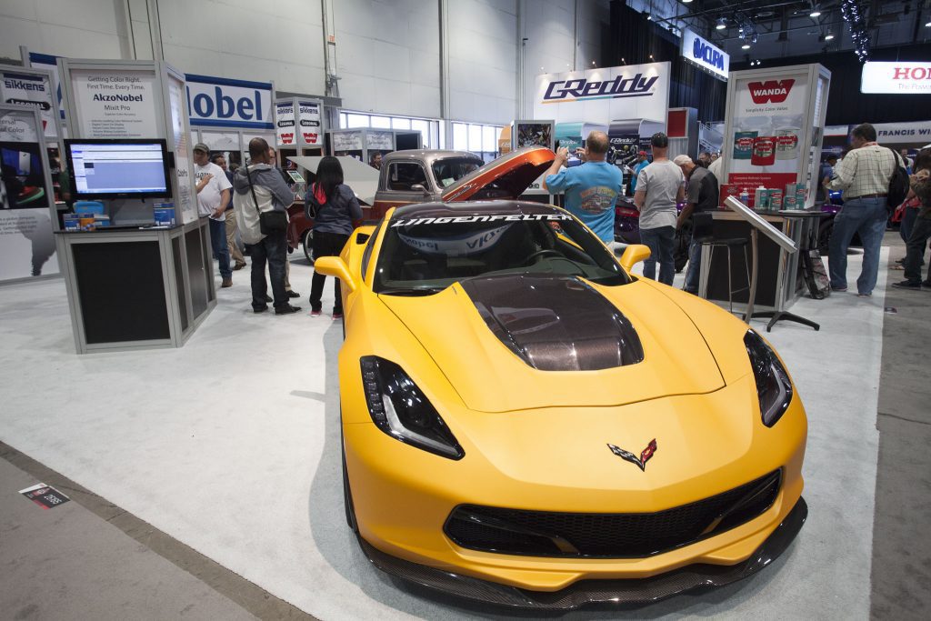 Yellow corvette at the SEMA show in Las Vegas.