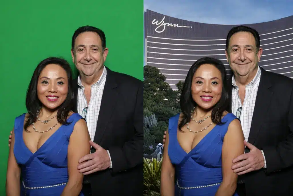 Before and after of a couple standing in front of a green backdrop, then in front of a casino building. 