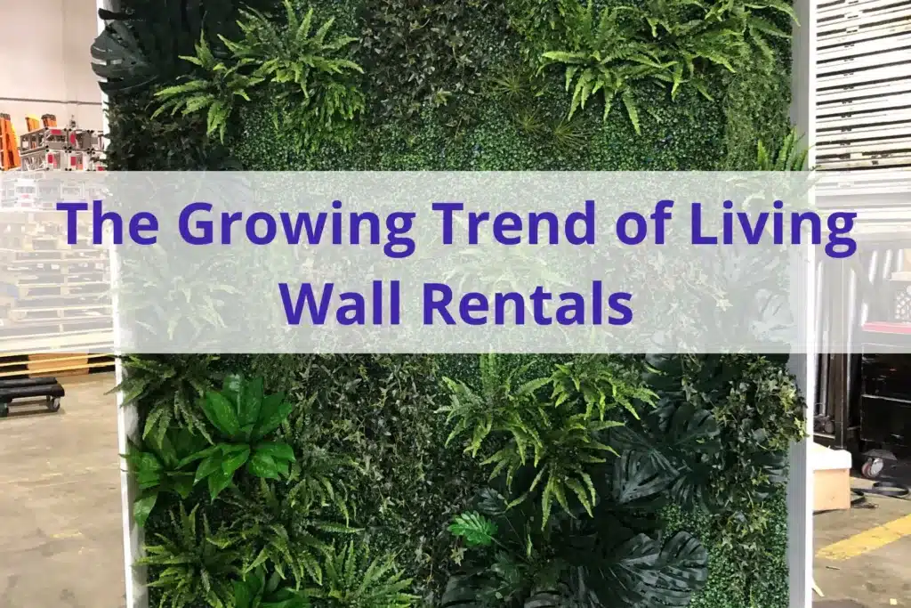 Text ' the growing rend of living wall rentals' with plant wall installation in the background.